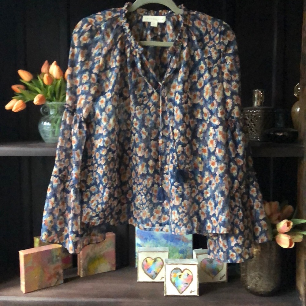 Navy blue floral print blouse